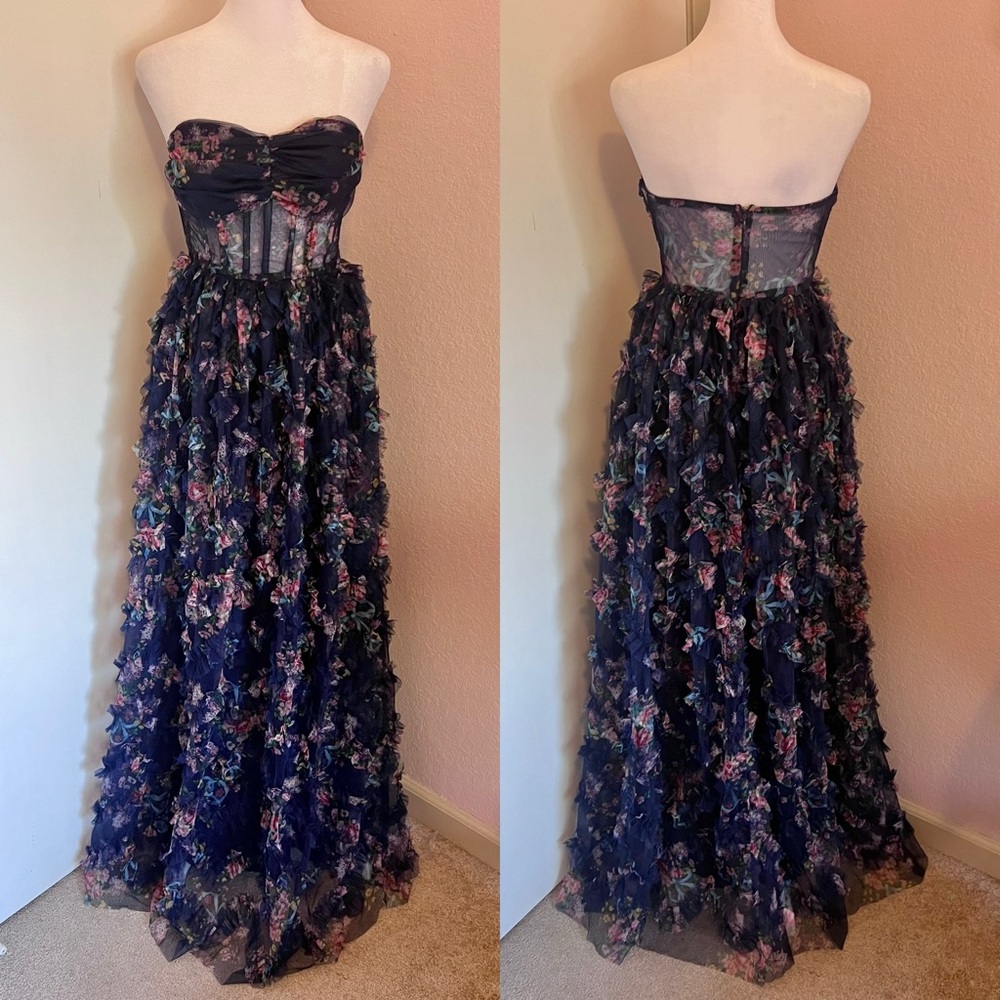 Lulus Stunning Element Navy Floral Mesh Ruffled Strapless Maxi Dress - Picture 7 of 13